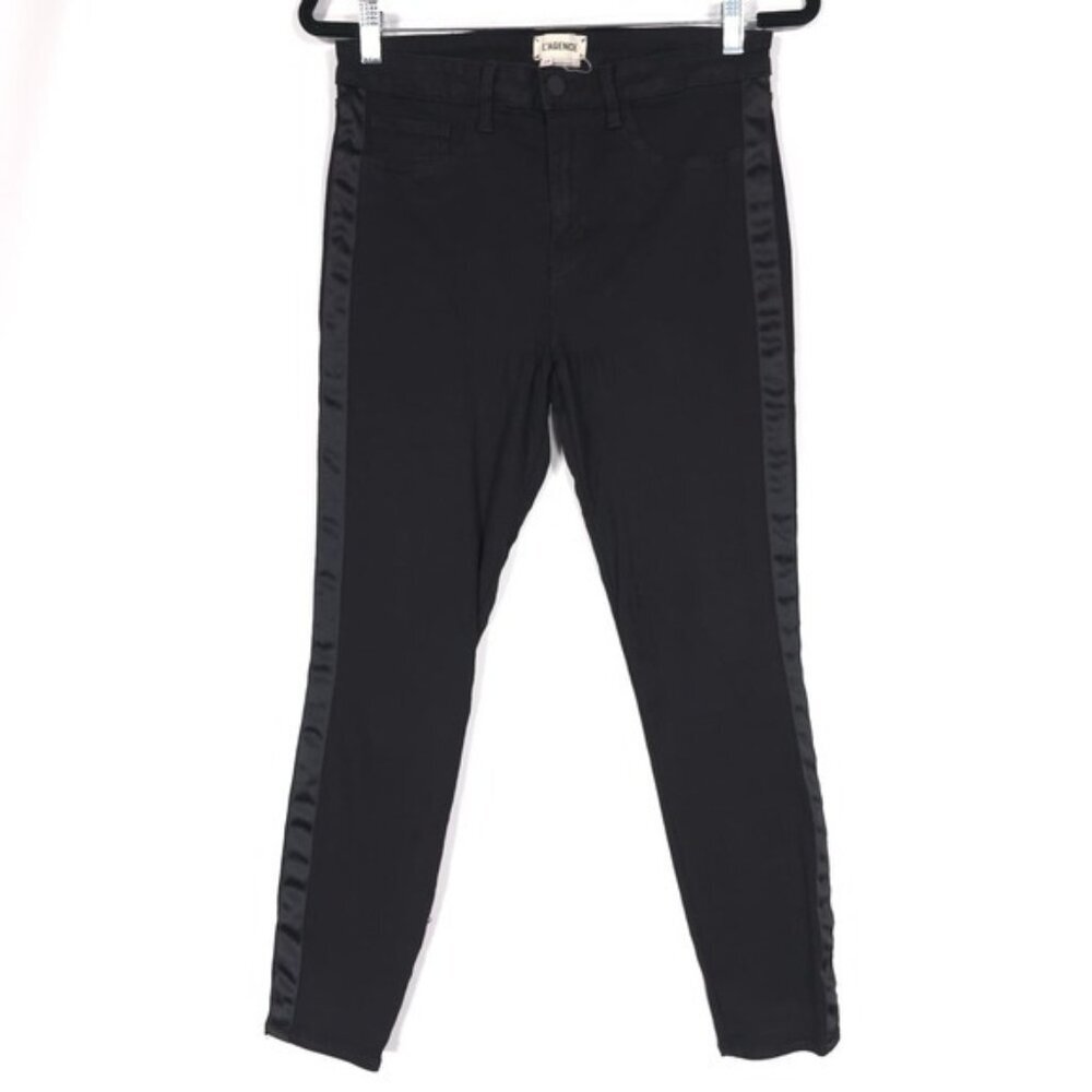 L'AGENCE Women's Pants Jeans Size 29 Satin Tuxedo Coated Black USA🇺🇸MADE